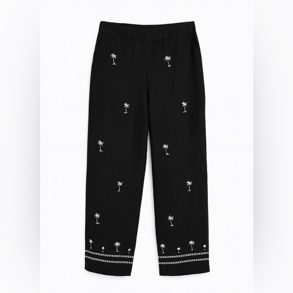 Paraphrase Linen Crop Ankle Pants Embroidered Palm Trees Black Size 14 - Picture 7 of 7